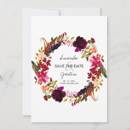 Rustic Boho Floral Wreath Save the Date Hochzeit (Vorderseite)