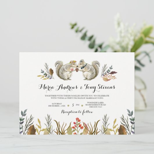 Rustic Boho Forest Squirrels Wasserfarbenhochzeit Einladung (Stehend Vorderseite)