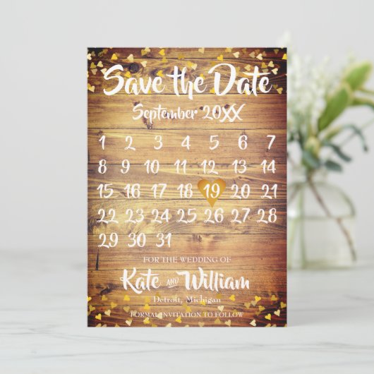 Rustic Boho Gold Liebe Herzkalender Save the Date (Stehend Vorderseite)