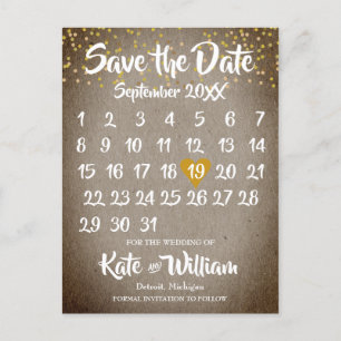 Rustic Boho Gold Liebe Herzkalender Save the Date Ankündigungspostkarte