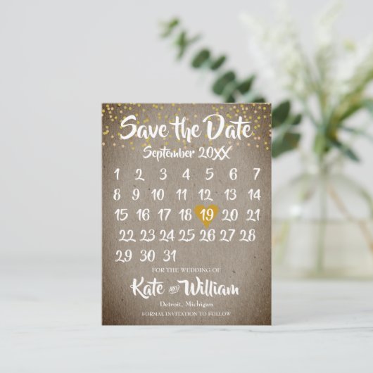 Rustic Boho Gold Liebe Herzkalender Save the Date Ankündigungspostkarte (Stehend Vorderseite)