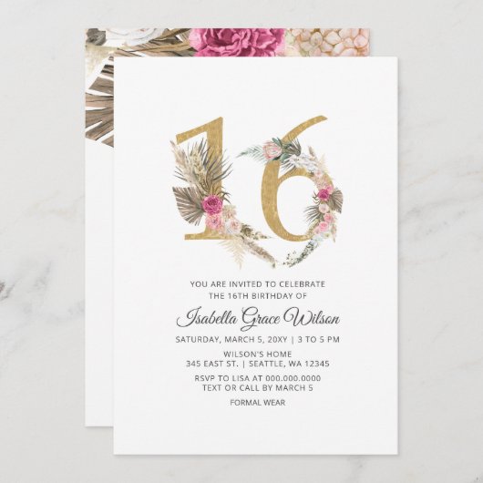 Rustic Boho Gold Pampas Sweet 16 Geburtstag Einladung (Vorne/Hinten)