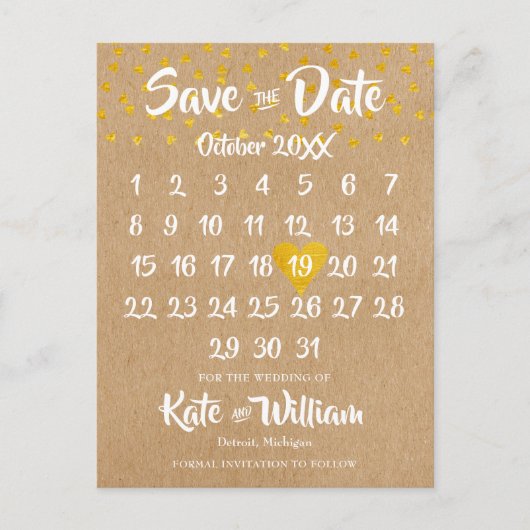 Rustic Boho Heart Calendar Foto Save the Date Ankündigungspostkarte (Vorderseite)