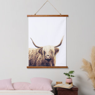 Rustic Boho Highland Scottish Cow Hanging Tapestry Wandteppich Mit Holzrahmen