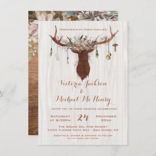 Rustic Boho Hochzeit Einladung mit Hirschliebhaber (Vorne/Hinten)