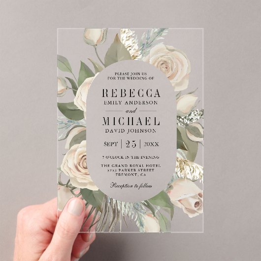 Rustic Boho Ivory Roses Sage Green Leaves Wedding Acryleinladungen (Insitu (Handheld))