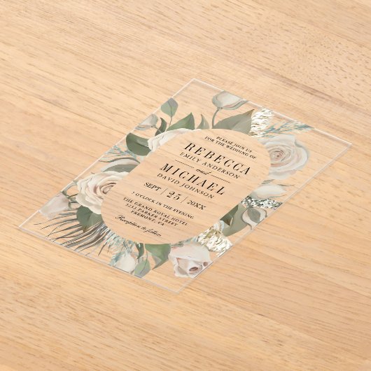 Rustic Boho Ivory Roses Sage Green Leaves Wedding Acryleinladungen (Ablage )