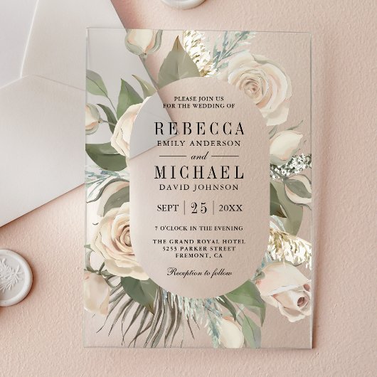 Rustic Boho Ivory Roses Sage Green Leaves Wedding Acryleinladungen