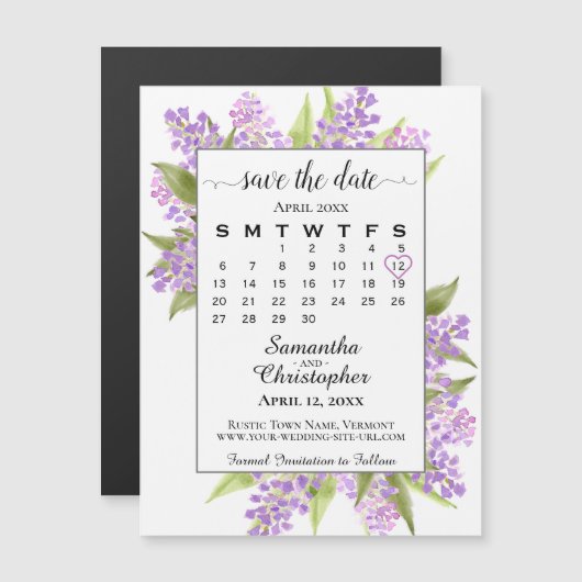 Rustic Boho Lilacs Calendar Speichern Sie das Datu Magnetkarte (Vorne/Hinten)
