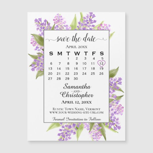 Rustic Boho Lilacs Calendar Speichern Sie das Datu Magnetkarte (Vorderseite)
