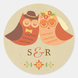 Rustic Boho Lovebird Owl Couple Wedding Runder Aufkleber