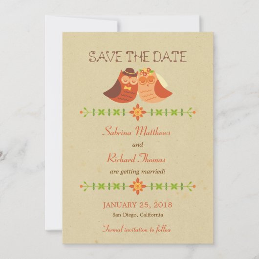 Rustic Boho Lovebird Owl Couple Wedding Save The Date (Vorderseite)
