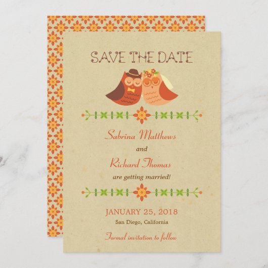 Rustic Boho Lovebird Owl Couple Wedding Save The Date (Vorne/Hinten)