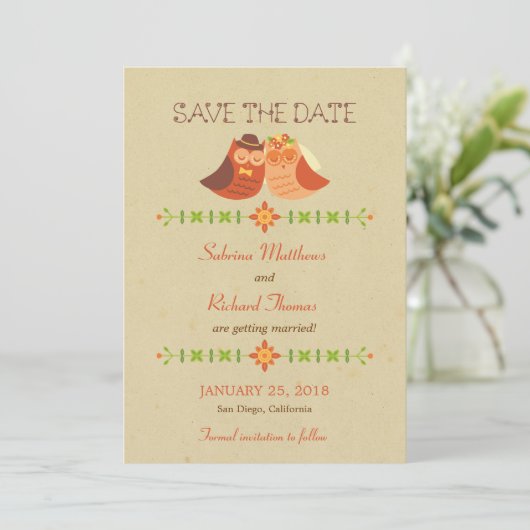 Rustic Boho Lovebird Owl Couple Wedding Save The Date (Stehend Vorderseite)