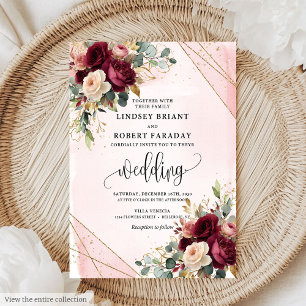 Rustic Boho Maroon Gold Blush Rose Hochzeit Einlad Einladung