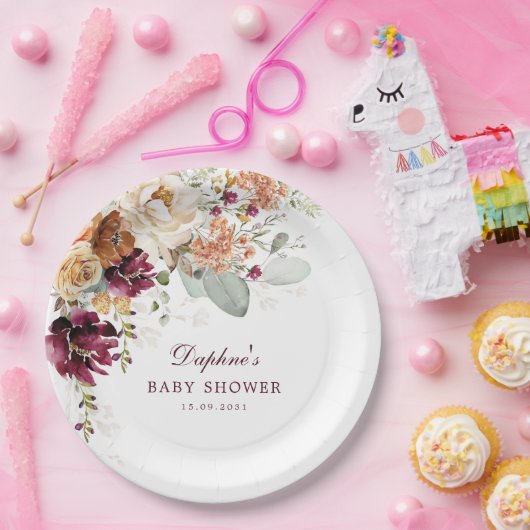 Rustic Boho Maroon Terracotta Floral Baby Dusche Pappteller (Party)