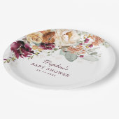 Rustic Boho Maroon Terracotta Floral Baby Dusche Pappteller (Schrägansicht)