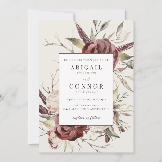 Rustic Boho Marsala Cream Floral Einladung (Vorderseite)