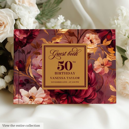 Rustic Boho Merlot Blush Gold Blume 50th Bday Gästebuch