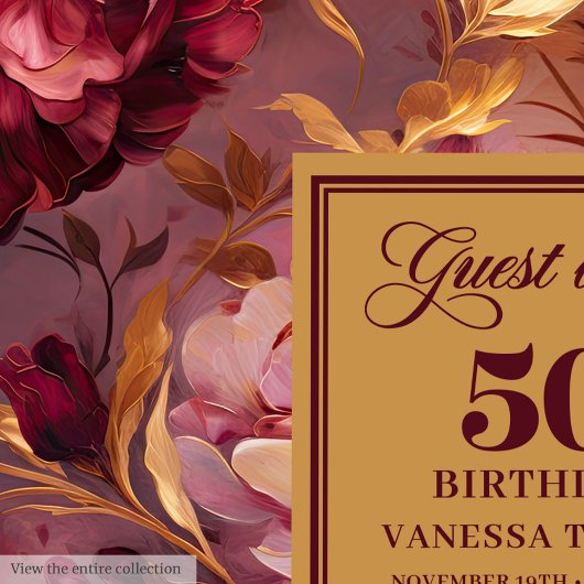 Rustic Boho Merlot Blush Gold Blume 50th Bday Gästebuch
