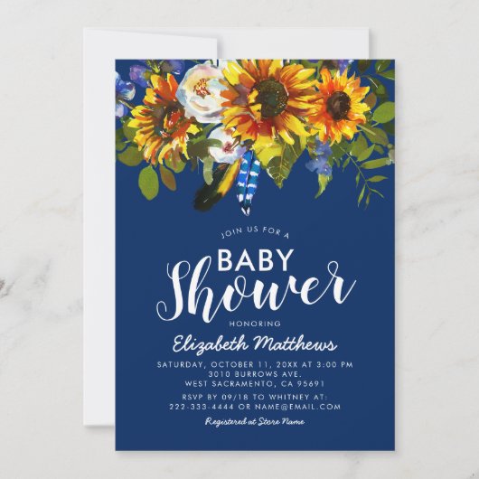 Rustic Boho Navy Blue Sunflower Baby Dusche Einladung (Vorderseite)