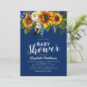 Rustic Boho Navy Blue Sunflower Baby Dusche Einladung (Stehend Vorderseite)