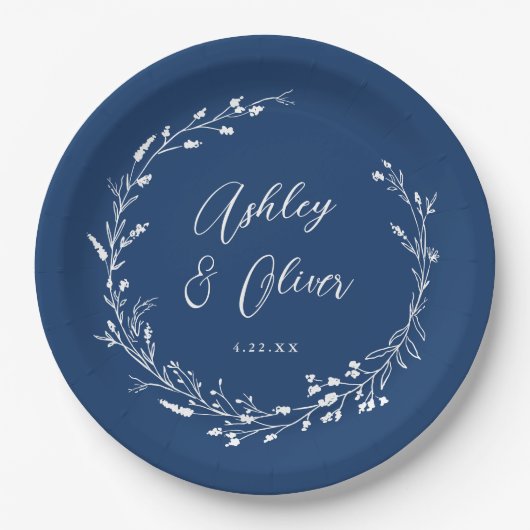 Rustic Boho Navy Blue Wildblume Floral Wedding Pappteller (Vorderseite)
