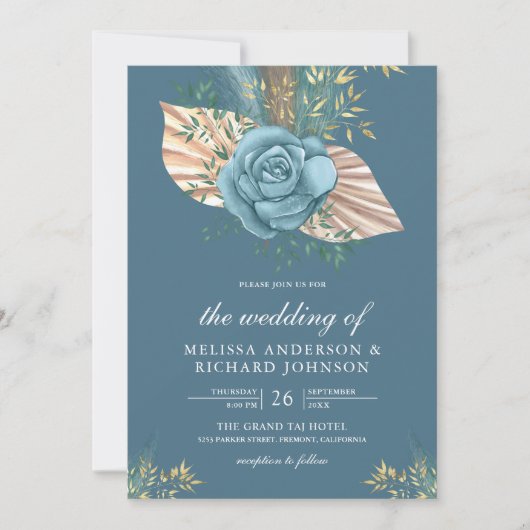 Rustic Boho Palm Dusty Blue Floral Wedding Einladung (Vorderseite)