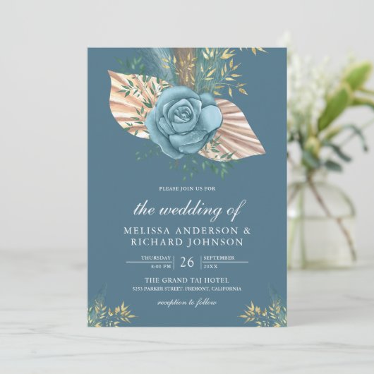 Rustic Boho Palm Dusty Blue Floral Wedding Einladung (Stehend Vorderseite)