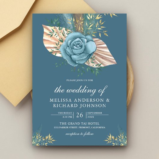 Rustic Boho Palm Dusty Blue Floral Wedding Einladung