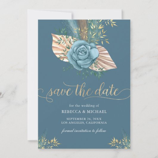 Rustic Boho Palm Dusty Blue Floral Wedding Save The Date (Vorderseite)