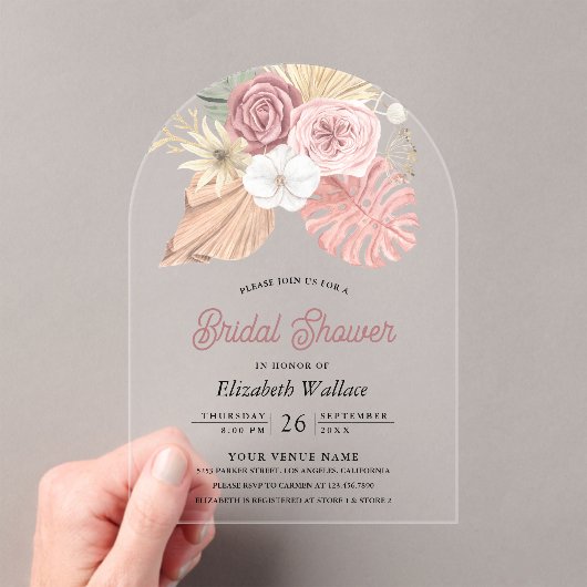 Rustic Boho Palm Dusty Pink Roses Bridal Shower Acryleinladungen (Insitu (Handheld))