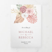 Rustic Boho Palm Dusty Pink Roses QR Code Hochzeit Dreifach Gefaltete Einladung (Cover)