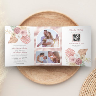 Rustic Boho Palm Dusty Pink Roses QR Code Hochzeit Dreifach Gefaltete Einladung