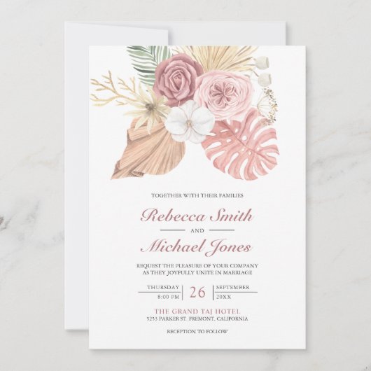 Rustic Boho Palm Dusty Pink Roses QR Code Hochzeit Einladung (Vorderseite)