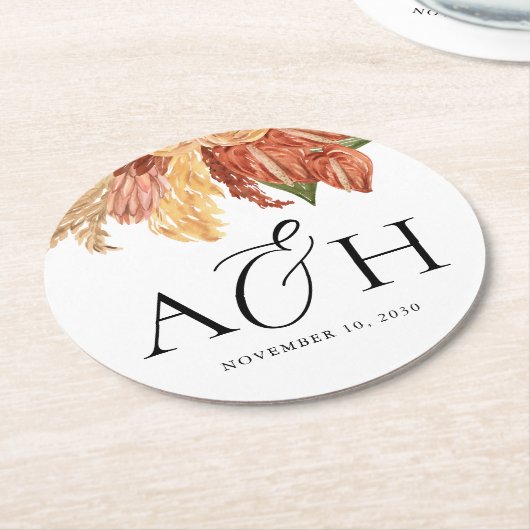 Rustic Boho Palm Leaf Monogram Wedding Runder Pappuntersetzer (Angewinkelt)