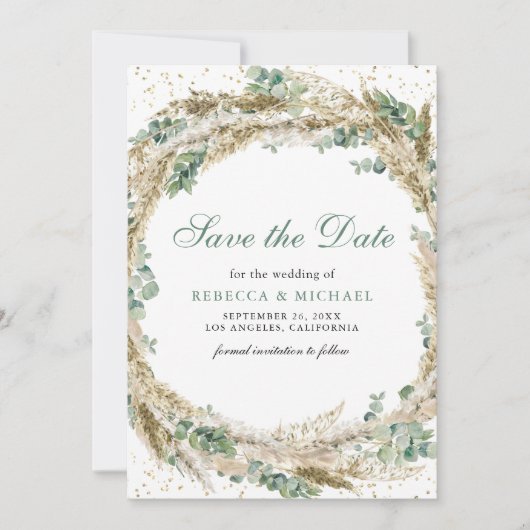 Rustic Boho Pampas Eucalyptus Wreath Wedding Save The Date (Vorderseite)