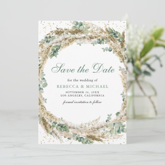 Rustic Boho Pampas Eucalyptus Wreath Wedding Save The Date (Stehend Vorderseite)