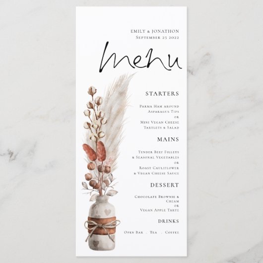 Rustic Boho Pampas Fette Wedding Menu Menükarte (Vorderseite)
