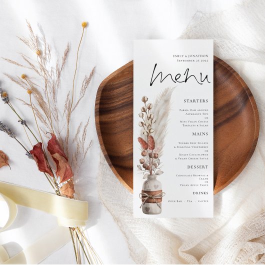 Rustic Boho Pampas Fette Wedding Menu Menükarte