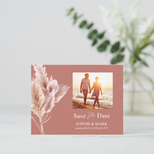 Rustic Boho Pampas Grass Save The Date Photo Postkarte (Stehend Vorderseite)