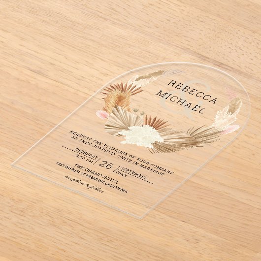 Rustic Boho Pampas Grass Wreath Dried Palm Wedding Acryleinladungen (Ablage )