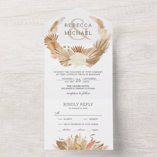 Rustic Boho Pampas Grass Wreath Dried Palm Wedding All In One Einladung (Innen Boden)