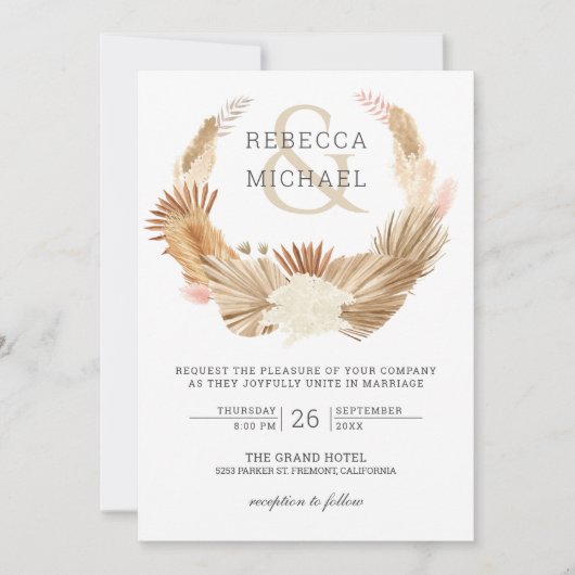 Rustic Boho Pampas Grass Wreath Dried Palm Wedding Einladung (Vorderseite)