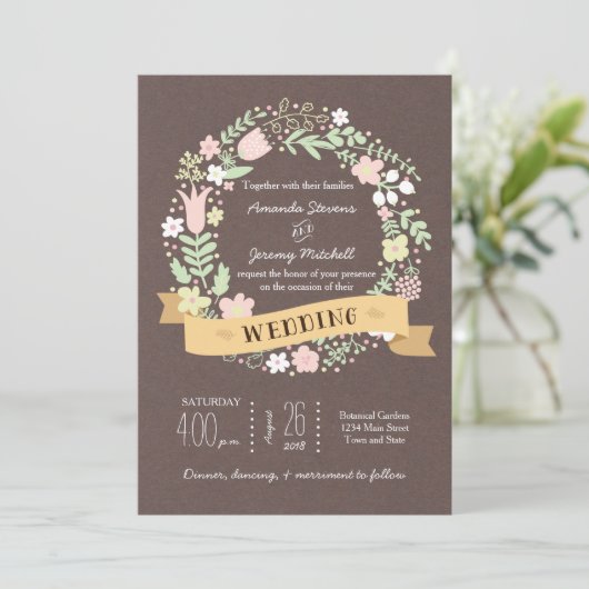 Rustic Boho Pastel Blume Wreath Wedding Einladung (Stehend Vorderseite)