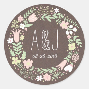 Rustic Boho Pastel Blume Wreath Wedding Runder Aufkleber