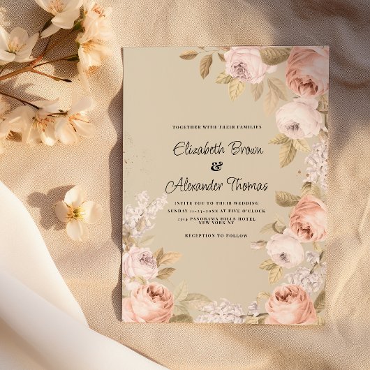 Rustic boho pink coral ivory floral wedding  einladung