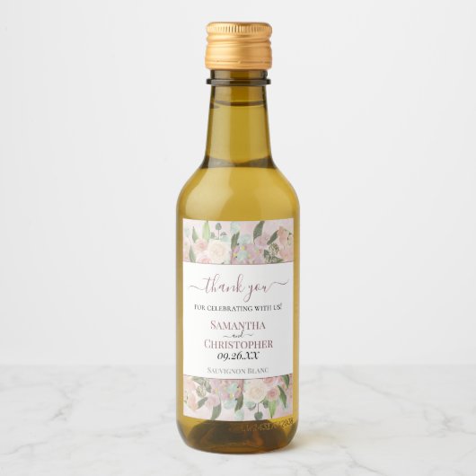 Rustic Boho Pink Floral Danke Wedding Mini Weinetikett (Vorderseite)