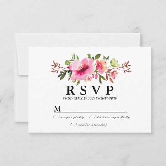 Rustic Boho Pink Floral Wedding RSVP Card Karte (Vorderseite)