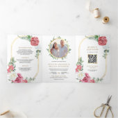 Rustic Boho Pink Roses Floral QR Code Hochzeit Dreifach Gefaltete Einladung (Innenseite)